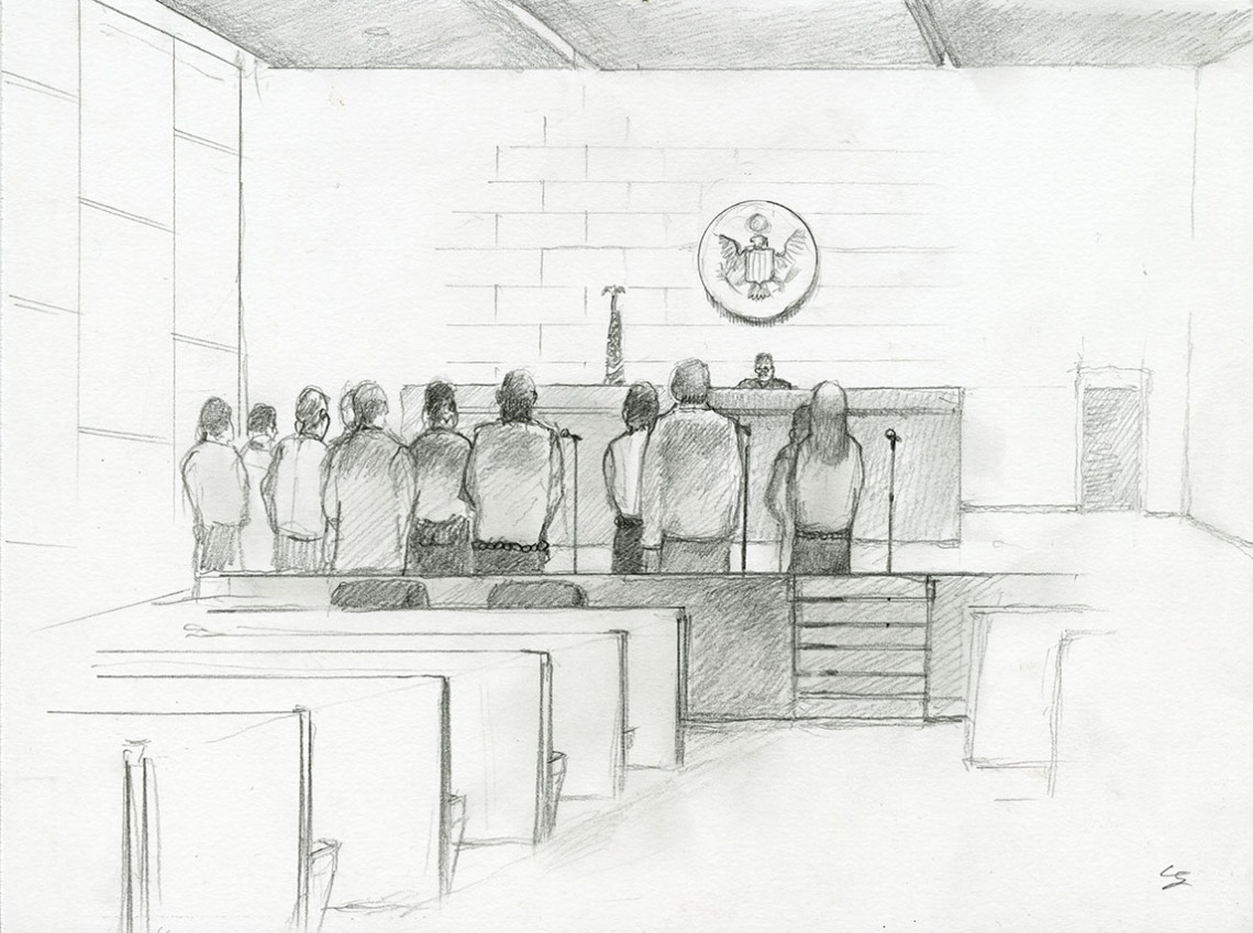 Sketch by Lawrence Gipe of a Court Proceeding