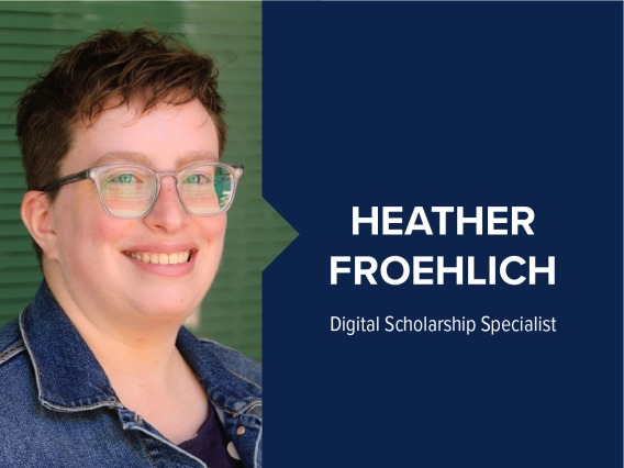 Heather Froehlich headshot with name/title in white text on blue background