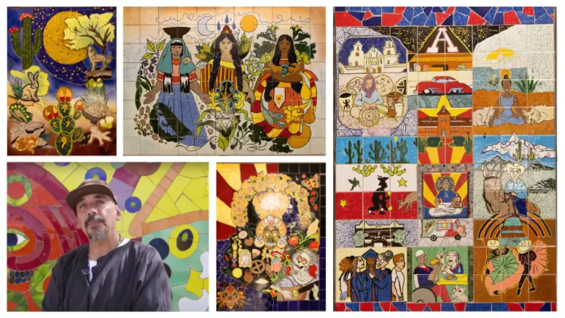 collage of four mosaic tile murals and a photo of Carlos Valenzuela