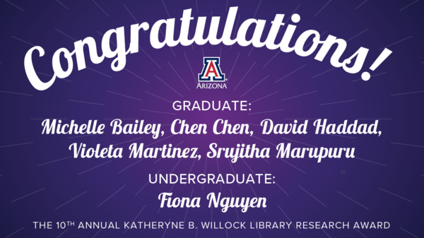 Graphic with purple background, Congratulations! and names of six student winners