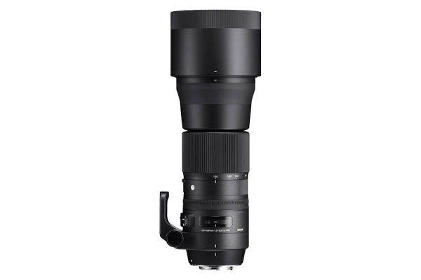 A long, black DSLR camera lens with a handle which doubles as a tripod mount.