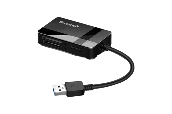 A small, black memory card reader with a short cable that plugs into USB ports. It has multiple slots for different types of memory cards.