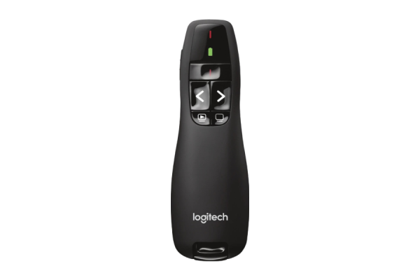 A black, small PowerPoint remote that has several buttons, including ones for advancing and backing up slides.