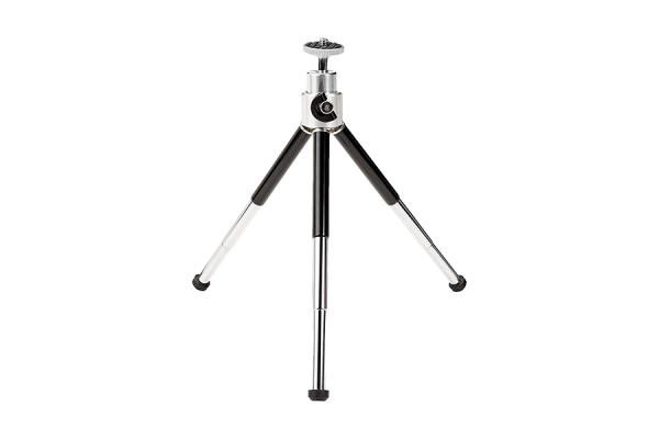 A small metallic tripod in black and silver that has retractable feet.