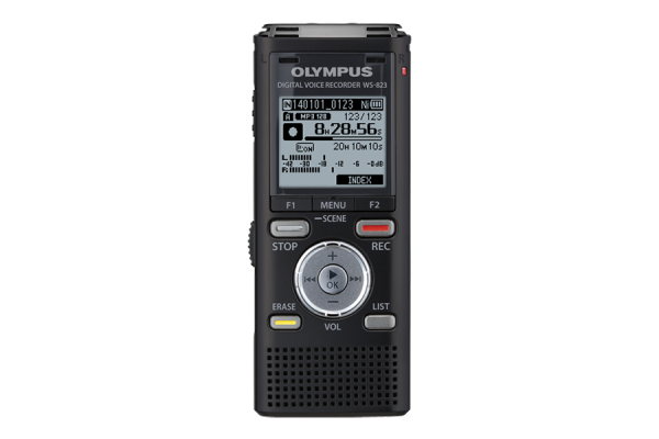 A black, small handheld recorder with a screen, a speaker, and several buttons to operate