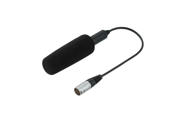 A black microphone with a short cable that plugs into XLR port